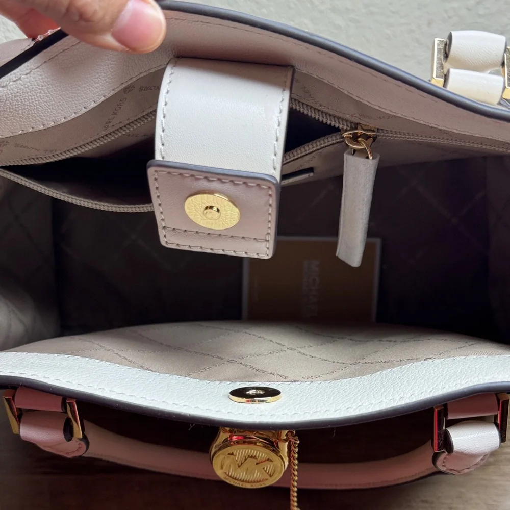 Michael Kors Hamilton Leather Medium Light Cream Satchel with Gold Accents - Picture 7 of 8